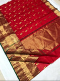 RED COLOR  ORIGINAL KATAN SILK AND  SAREE WITH ELEPHANT WEAVED BORDERS FOR WOMEN -SAKSWEB001