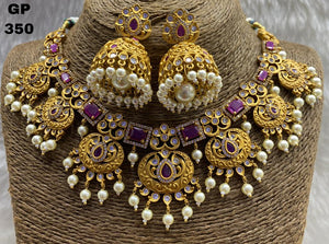 RUBY AND PEARLS,GOLD FINISH TRADITIONAL NECKLACE WITH JUMKA SET FOR WOMEN -KJC3NS001