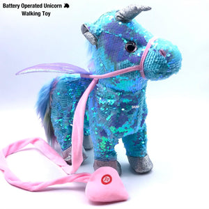 BLUE HOLOGRAPHIC SEQUINS UNICORN WALKING AND DANCING TOY FOR KIDS-FMUT001