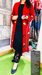 RED COLOR  WOOLEN 3 PCS DRESS WITH RED DETACHABLE JACKET AND BLACK WOOLEN PANTS-MAWWK001RBL