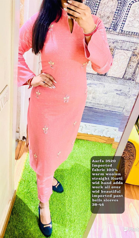 PINK DESIGNER WOOLEN KURTI WITH BELL SLEEVES AND STYLISH PANTS-MAWWK001D