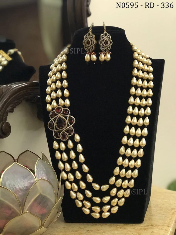 ELEGANT THREE STRAND PEARL NECKLACE WITH SIDE BROOCH AND MATCHING EARRINGS-MOPNS001