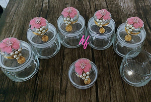 Set of 6 , Decorative Storage Jars With Pink Crystal Broach- MAWSJ001PG