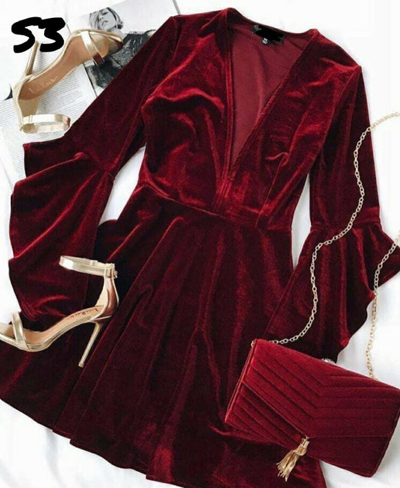 Beautiful Maroon  Velvet Bell Sleeves Dress for Women-RYVD001