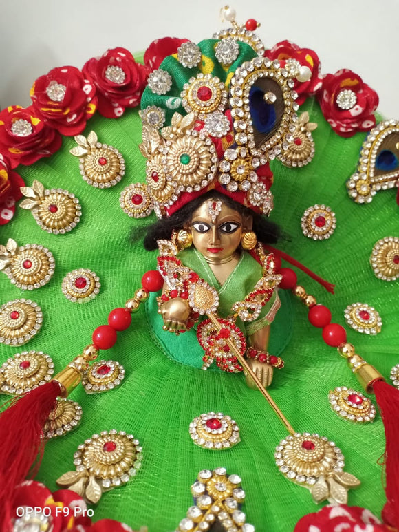 PARROT GREEN AND RED   ,GOLDEN WORK POSHAK  WITH PAGRI FOR LADDU GOPAL -GGLGD001PGR