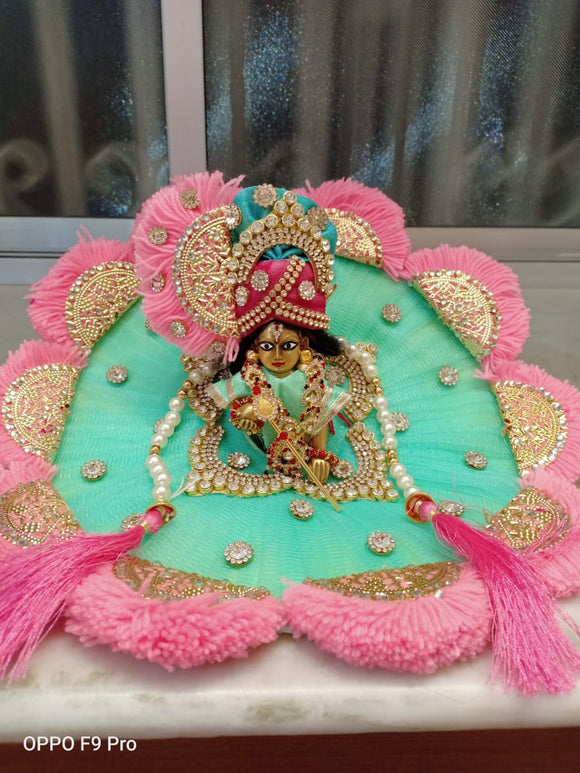 PINK AND BLUE  ,GOLDEN WORK POSHAK  WITH PAGRI FOR LADDU GOPAL -GGLGD001PB