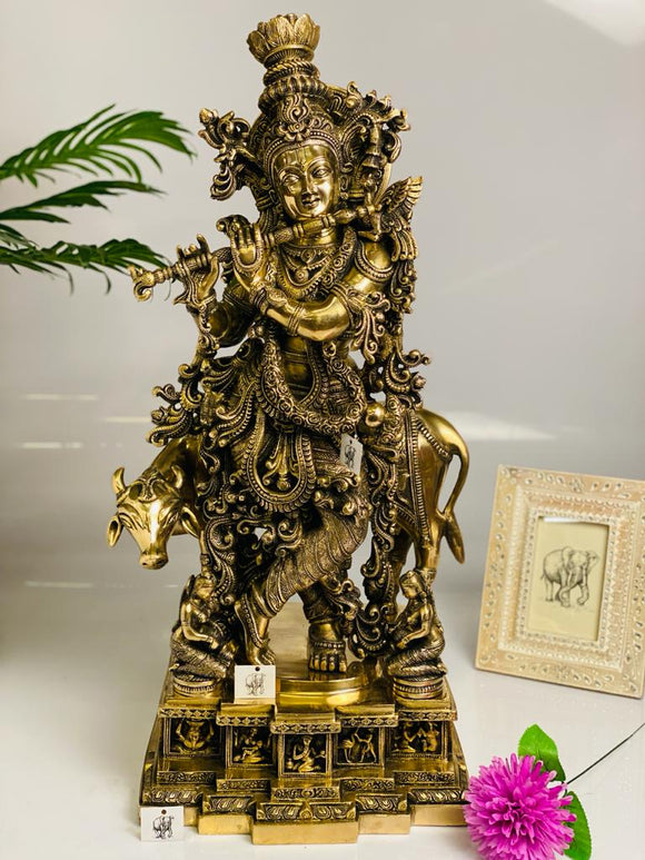 Big Size Hand Crafted Goshala Krishna Statue in Pure Brass -DEV001GK