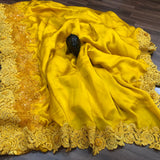 BEAUTIFUL YELLOW CREPE SILK SAREE WITH CUTWORK BORDERS AND BLOUSE-21 ETSSW001