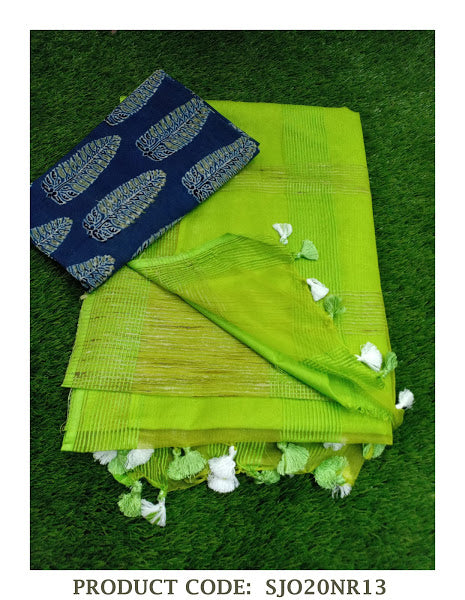 Semi Jute Organza Sarees with a running blouse and extra Hand block Printed Ajrakh Cotton Blouse -KIAJS001GB