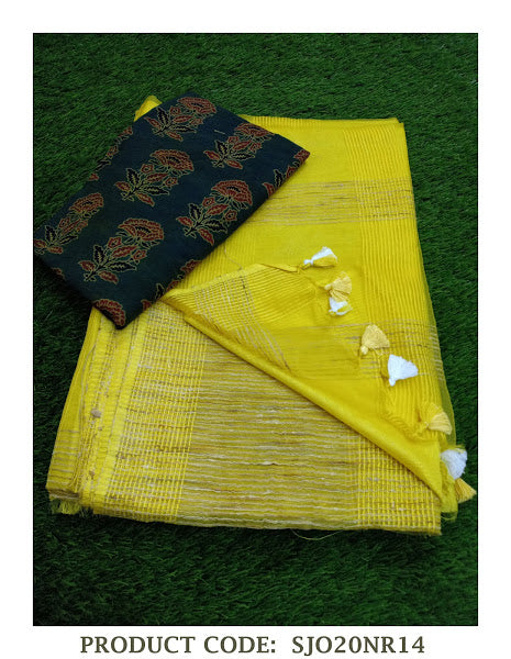 Semi Jute Organza Sarees with a running blouse and extra Handblock Printed Ajrakh Cotton Blouse Piece -KIAJS001