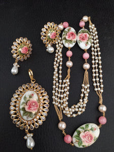 PINK TRADITIONAL HANDPAINTED POLKI  CHAIN WITH EARRINGS AND PENDANT-SOCPPS001
