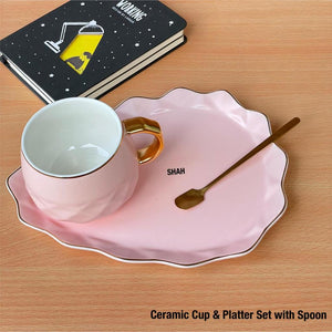 CERAMIC CUP AND PLATTER WITH GOLDEN  SPOON SET -MOECCSP001