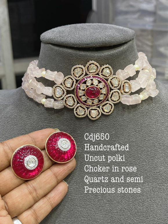 ROSA, HAND CRAFTED UNCUT  POLKI CHOKER  SET  IN ROSE QUARTZ WITH HAND CUTTING CARVED  PRECIOUS STONES-MOECS001R