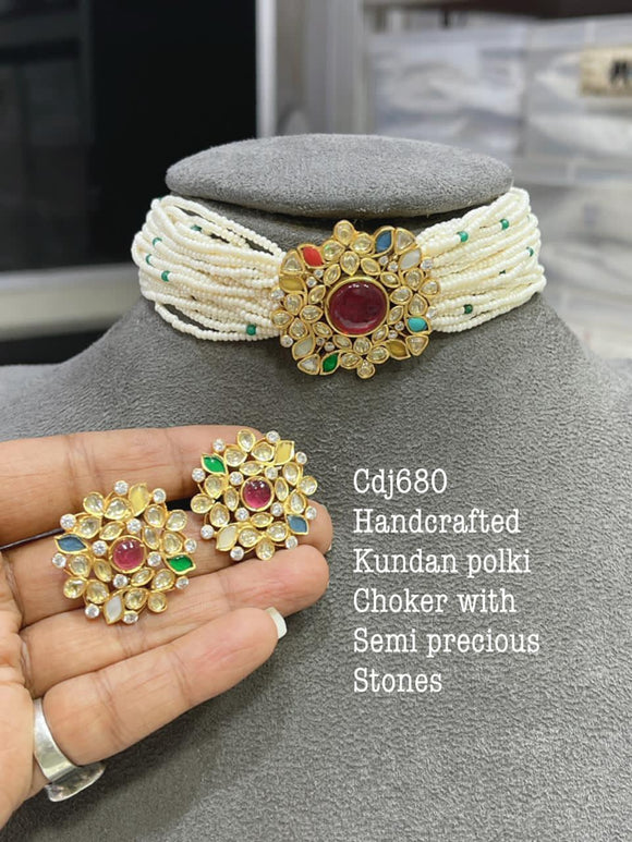 KALAVATHI, HAND CRAFTED KUNDAN POLKI CHOKER  SET WITH SEMI PRECIOUS STONES-MOECS001