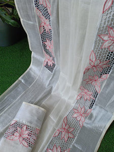 PINK SILVERS, PINK COLOR CUTWORK ON  SILVER TISSUE COTTON KERALA SAREE -KIACWS001P