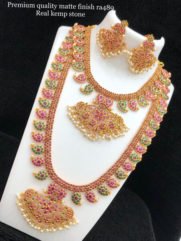 SOUNDARYA, PREMIUM QUALITY MATTE FINISH REAL KEMP STONE DOUBLE NECKLACE SET FOR WOMEN -ARTNSD001