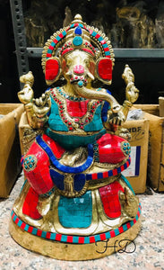 Ganpati Bappa Fine Studded Stone ~ Pure Brass Idol, Temple Decor, Table Decor-GANUGS001