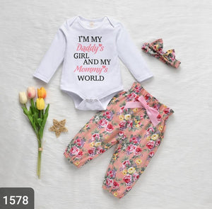 "I AM MY DADDY'S GIRL AND MOMMY'S WORLD" 3 PCS  DRESS FOR LITTLE GIRLS-SKDPD001