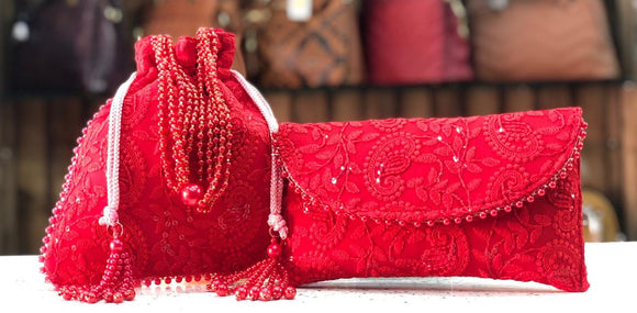 RED CHIKANKARI LUCKNOWI CLUTCH BAG AND POTLI BAG COMBO FOR WOMEN -PANIPCW001CR