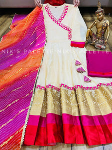 Premium Chanderi Anghrakha Pattern Anarkali Kurti with Broad Zari border & Tassels-BEGUMK001