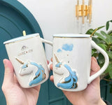 PAIR OF 2 , UNICORN MUGS WITH LID AND GOLDEN SPOON-GANNUUM001P