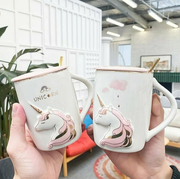 PAIR OF 2 , UNICORN MUGS WITH LID AND GOLDEN SPOON-GANNUUM001P