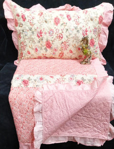 PINK COLOR EXCLUSIVE REVERSABLE QUILTED FRILLED BEDCOVER WITH PILLOW CASES-PREETBC001P