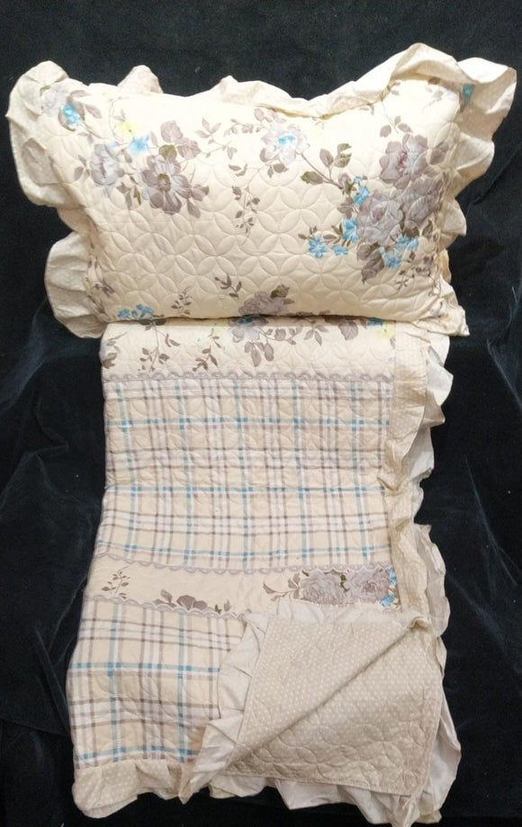 CREAM COLOR EXCLUSIVE REVERSABLE QUILTED FRILLED BEDCOVER WITH PILLOW CASES-PREETBC001C