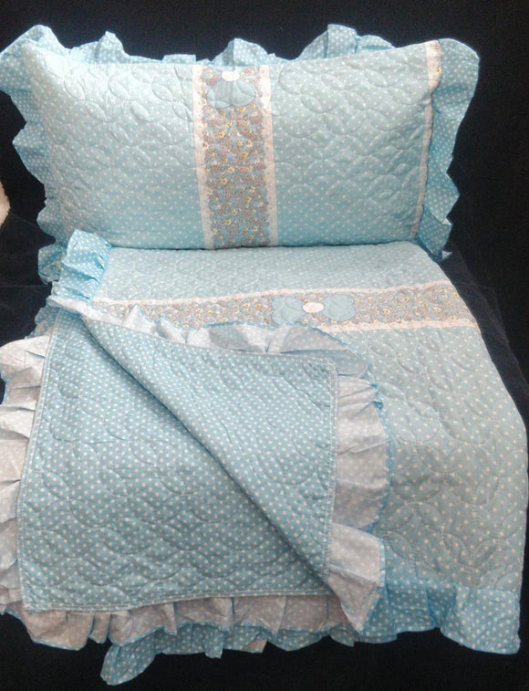 LIGHT BLUE  COLOR EXCLUSIVE REVERSABLE QUILTED FRILLED BEDCOVER WITH PILLOW CASES-PREETBC001LB