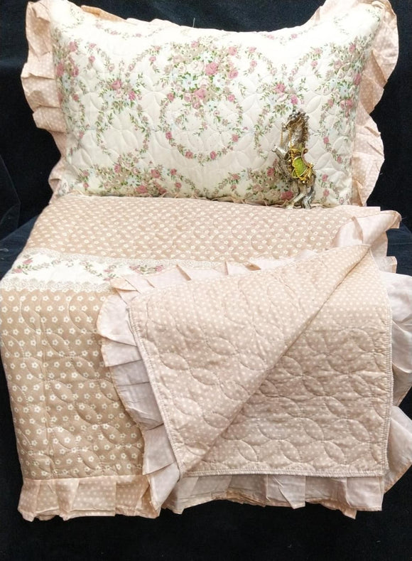 BEIGE COLOR EXCLUSIVE  FRILLY REVERSABLE QUILTED FRILLED BEDCOVER WITH PILLOW CASES-PREETBC001