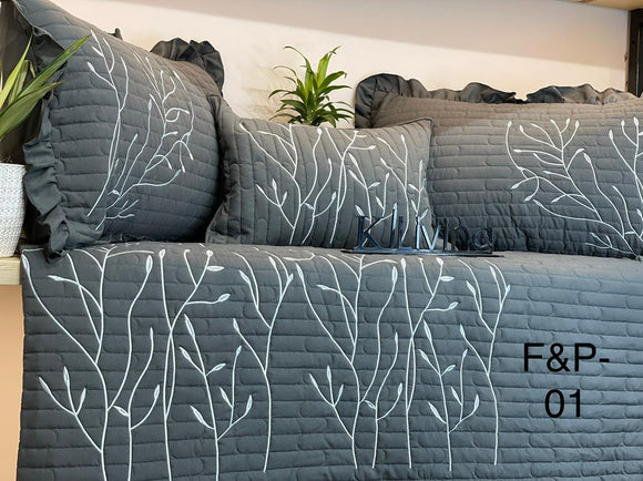 FERNS & PETALS,EMBROIDERED QUILTED BED COVER WITH PILLOW CASES AND A BREAKFAST PILLOW-SARABS001G
