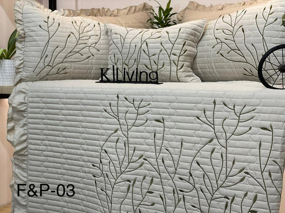 FERNS & PETALS,EMBROIDERED QUILTED BED COVER WITH PILLOW CASES AND A BREAKFAST PILLOW-SARABS001SG