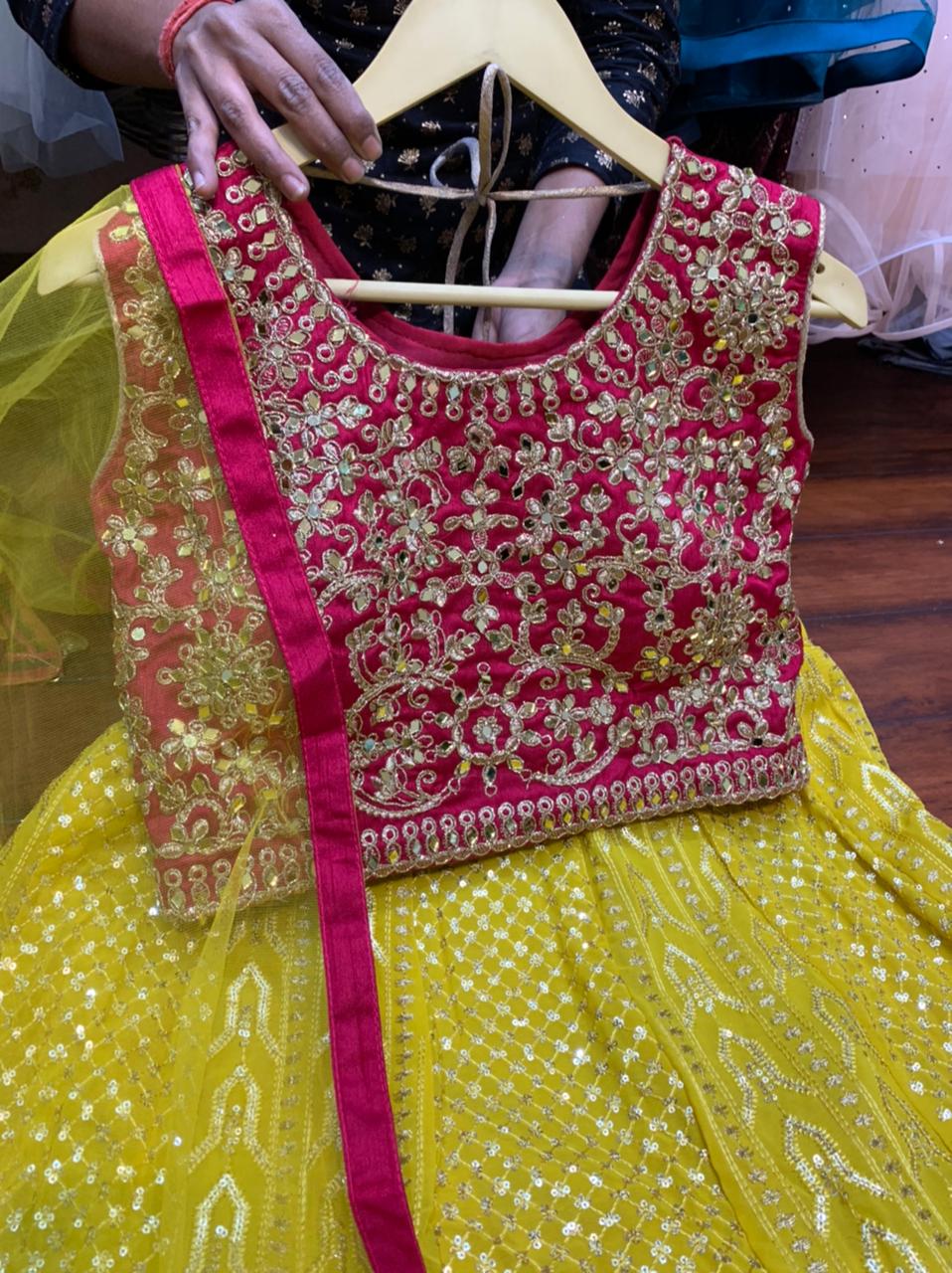 YELLOW AND PINK SILK EMBROIDERED CROP TOP WITH GEORGETTE LEHANGA