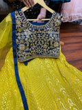 YELLOW AND BLUE SILK EMBROIDERED CROP TOP WITH GEORGETTE LEHANGA FOR WOMEN-MOEGL001YB