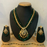 HYDERABADI JADAU KUNDAN GREEN STONES NECKLACE SET FOR WOMEN-HYDNSG001