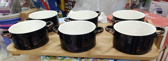 BLACK BEAUTY,SET OF 6 SOUP BOWLS WITH SPOONS AND WOODEN TRAY - SKDSBS001