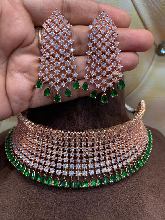 MANSI, ROSE GOLD FINISH HEAVY STONES CHOKER NECKLACE SET FOR WOMEN-NJC001NS