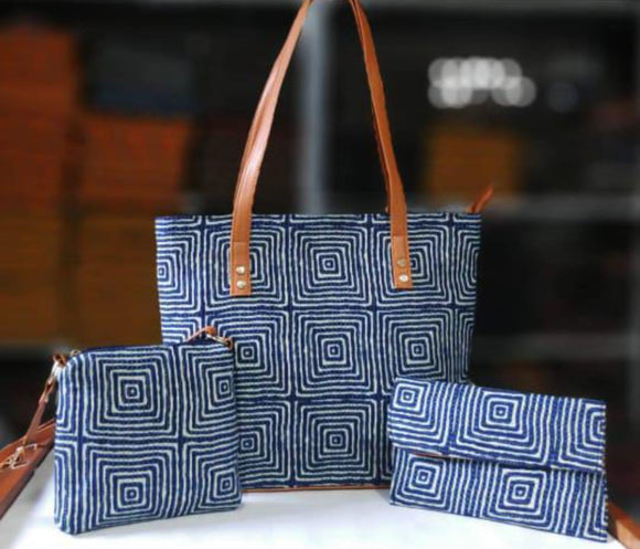 BLUE SQUARES NAOMI, 3 PCS COMBO IKAT BAGS FOR WOMEN-JCIBC001BS