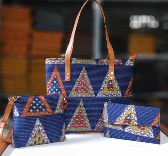 TRIANGLE BLUE NAOMI, 3 PCS COMBO IKAT BAGS FOR WOMEN-JCIBC001BT