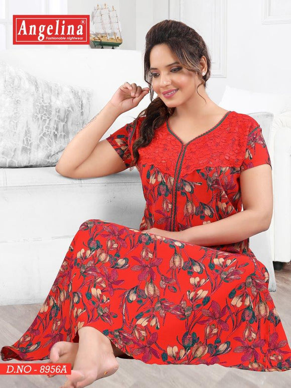 ANGELINA, RED FLORAL  ELEGANT RAYON NIGHTY FOR WOMEN -STYLENW001R