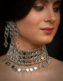 MRINALINI , SILVER FINISH METAL MIRROR CHOKER SET FOR WOMEN -MOENS001M