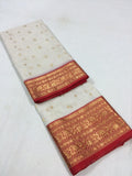 AUTHENTIC WHITE KATAN SILK SAREE  WITH RED PIPING BORDERS AND GOLDEN ZARI W ORK -SAWKSS001