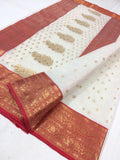 AUTHENTIC WHITE KATAN SILK SAREE  WITH RED PIPING BORDERS AND GOLDEN ZARI W ORK -SAWKSS001