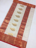 AUTHENTIC WHITE KATAN SILK SAREE  WITH RED PIPING BORDERS AND GOLDEN ZARI W ORK -SAWKSS001