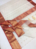 AUTHENTIC WHITE KATAN SILK SAREE  WITH RED PIPING BORDERS AND GOLDEN ZARI W ORK -SAWKSS001