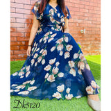 Premium chiffon floral printed frocks with bell sleeves, lining inside and belt for proper fitting-GANNK001