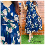 Premium chiffon floral printed frocks with bell sleeves, lining inside and belt for proper fitting-GANNK001