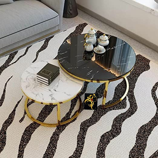 SHREEJI HOMES BLACK & WHITE  MARBLE ROUND NESTING TABLES FOR HOME DECOR-PUNENT001BW
