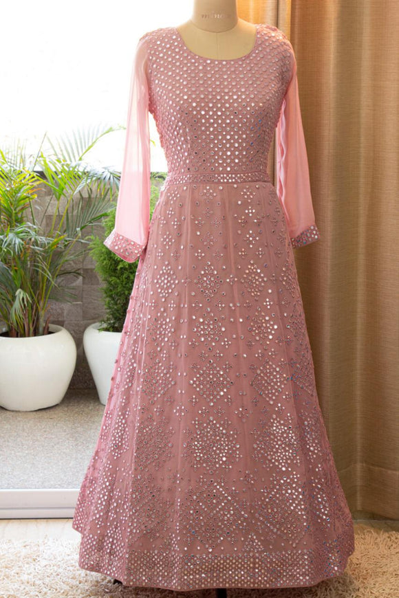 Pink Celebrity Style Georgette Anarkali Wedding Gown with  Chinnon Duppatta for Women-OBWGQ001P