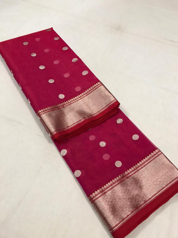 PINK PURE CHANDERI SILK SAREE WITH RED PIPING BORDERS FOR WOMEN-SACSS001P